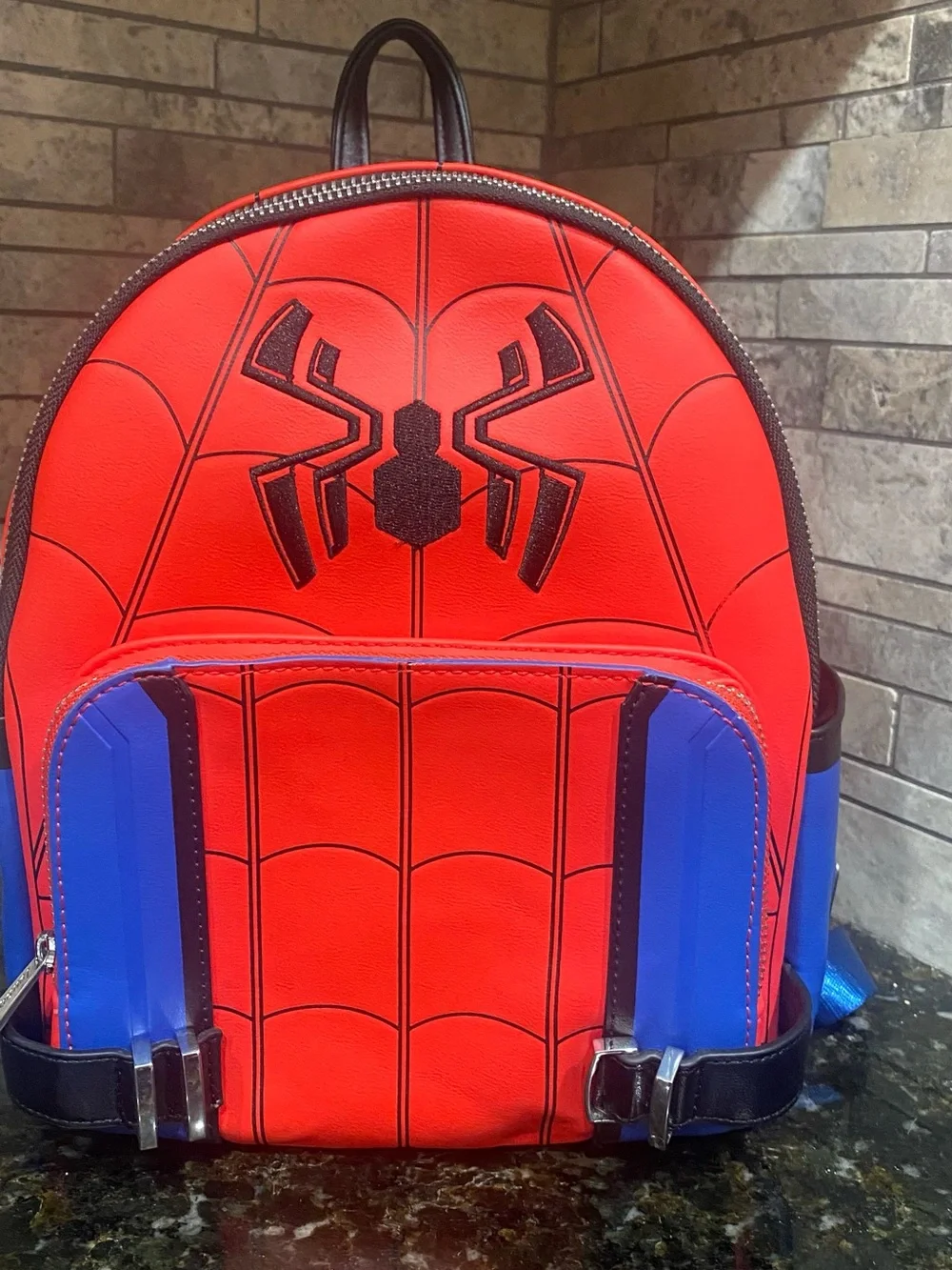 Loungefly Red and Blue Spider Emblem Backpack
